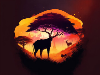 Fototapeta na wymiar A captivating and vibrant illustration of the African savannah, teeming with life and radiant hues, beautifully brought to life and generated by AI