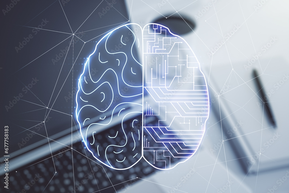 Poster creative artificial intelligence concept with human brain sketch on modern computer background. doub