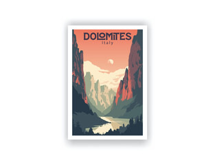 Dolomites, Italy. Vintage Travel Posters. Vector art. Famous Tourist Destinations Posters Art Prints Wall Art and Print Set Abstract Travel for Hikers Campers Living Room Decor