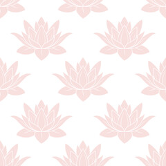 Seamless pattern of pink lotus flowers on a white background. Floral background, textile, vector