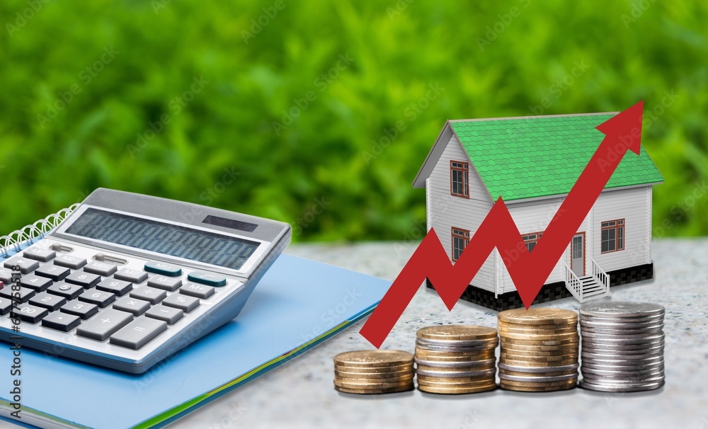 Canvas Prints House model, calculator and coin on the desk