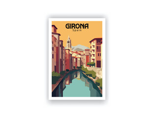 Girona, Spain. Vintage Travel Posters. Vector art. Famous Tourist Destinations Posters Art Prints Wall Art and Print Set Abstract Travel for Hikers Campers Living Room Decor