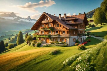 Fototapeta na wymiar Escape to an inviting and serene Swiss countryside retreat, where a fairytale house is nestled among rolling hills and meadows