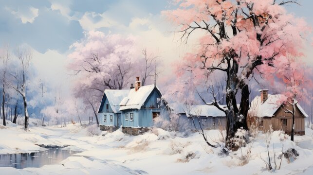 Winter scenery, oil painting on canvas.