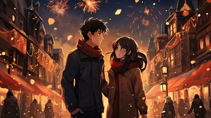 more than friends, strolling through the city at night and enjoying the fireworks. anime style