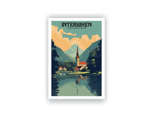 Interlaken, Switzerland. Vintage Travel Posters. Vector art. Famous Tourist Destinations Posters Art Prints Wall Art and Print Set Abstract Travel for Hikers Campers Living Room Decor