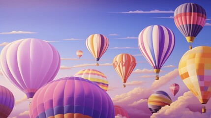 Naklejka premium Balloon festival. Flying purple balloons on the background of a beautiful blue and pink sunset