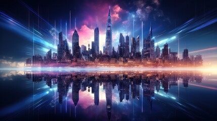 cityscape with space and neon light effect. Modern hi-tech, science, futuristic technology concept. Abstract digital high tech city design for banner background