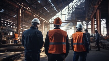 Industrial workers in safety vests and hard hats collaborating on a project, engineer, industrial, safety, construction, factory, building, development, architect, production - obrazy, fototapety, plakaty