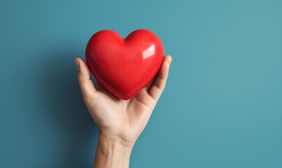 Fototapeta premium Female hand holding red heart isolated on blue background 