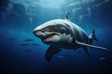 Fototapeta premium A powerful image of a great white shark gracefully swimming in the vast ocean. Perfect for educational materials or wildlife documentaries.