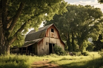 An image of an old barn situated in the middle of a vast field. This picture can be used to depict rural landscapes or showcase the beauty of nature.