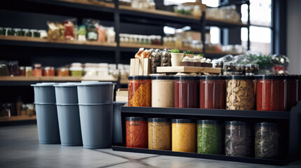 A zero-waste store with bins of bulk products and reusable containers