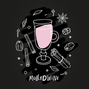 Mulled wine glass with ingredients on shalk board. Hot wine drink isolated on black background. Irish glass linear silhouette. Mulled wine recipe. Restaurant beverage card, menu, cooking class.