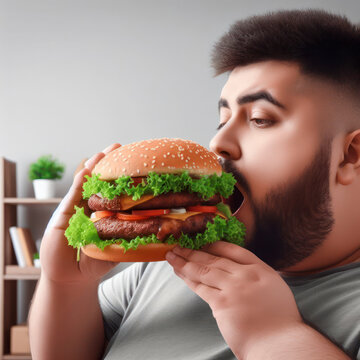 A big hamburger and an overweight man. Awareness of obesity as a result of unhealthy eating habits. ai generative