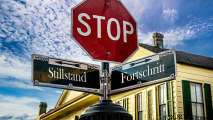 Signposts the direct way to Progress versus Standstill - obrazy, fototapety, plakaty