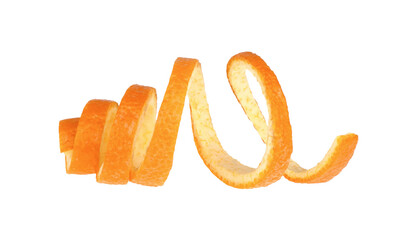 Peel of fresh orange fruit isolated on a white background. Single orange peel. Orange twist.