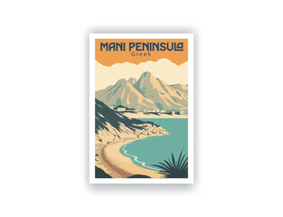 Mani Peninsula. Vintage Travel Posters. Vector art. Famous Tourist Destinations Posters Art Prints Wall Art and Print Set Abstract Travel for Hikers Campers Living Room Decor