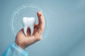 A hand holding white healthy tooth. Dental care concept. ai generative