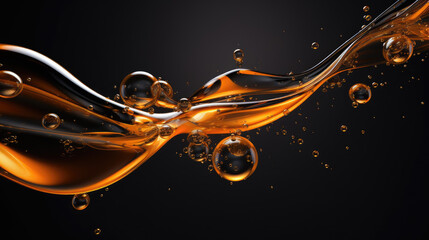 Serum oil with bubbles concept on black background, gold fluid texture
