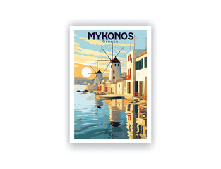 Mykonos, Greece. Vintage Travel Posters. Vector art. Famous Tourist Destinations Posters Art Prints Wall Art and Print Set Abstract Travel for Hikers Campers Living Room Decor
