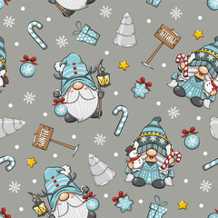 Seamless Pattern Winter Lady And Gnome, Christmas Gnome. Cute Cartoon Illustration
