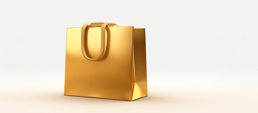 The gold icon of a shopping bag with a white background is a perfect representation of the business and design of a flat isolated financial investment in banking and finance