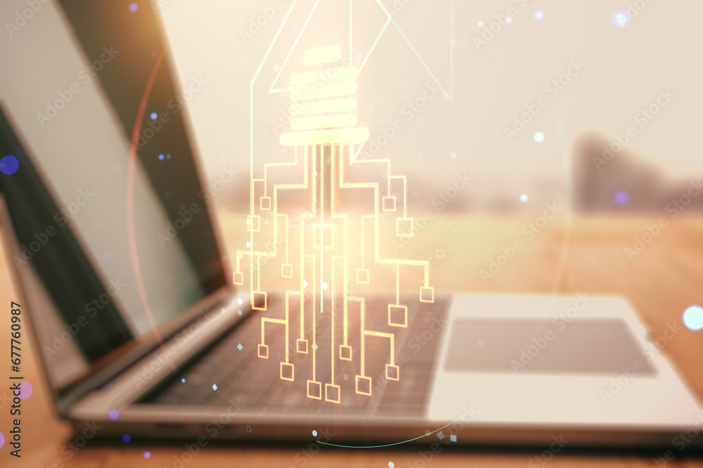 Poster double exposure of creative light bulb hologram with chip on laptop background, idea and brainstormi