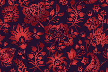 Red and black seamless floral pattern. Decorative wrapping paper with flowers and plants. Stylized flowers design for fabric, textile, cover, paper, web, scrapbooking, rug 