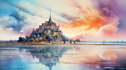 Mont Saint Michel France Watercolor Art Print | France Poster | Cityscape Wall Art | Art Decor	 - obrazy, fototapety, plakaty