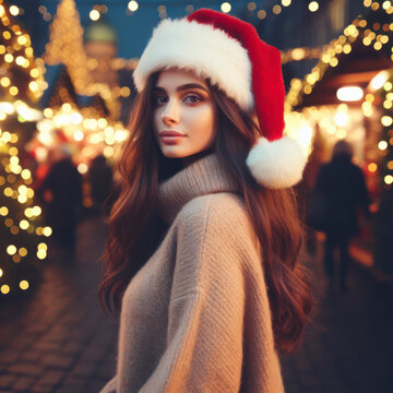 Girl walking in Christmas market decorated with holiday lights in the evening. ai generative