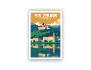 Salzburg, Austria. Vintage Travel Posters. Vector art. Famous Tourist Destinations Posters Art Prints Wall Art and Print Set Abstract Travel for Hikers Campers Living Room Decor
