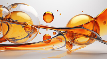 Serum oil with bubbles concept on white background, gold fluid texture - obrazy, fototapety, plakaty