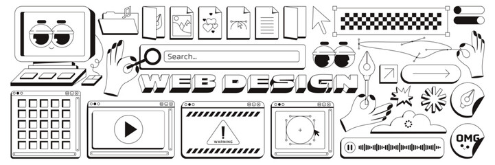 Trendy Y2K user interface and modern elements for web design. Contemporary neobrutalism style. Cartoon hand, searh window, cute computer, pen tool, checkered, and others elements. Monochrome palette. - obrazy, fototapety, plakaty