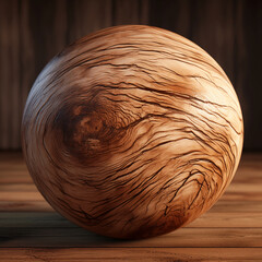 Wooden sphere 3d rendering, spherical shape made of wood on wood background