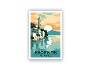 Skopelos, Greece. Vintage Travel Posters. Vector art. Famous Tourist Destinations Posters Art Prints Wall Art and Print Set Abstract Travel for Hikers Campers Living Room Decor