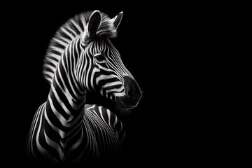Fototapeta na wymiar Black and white photorealistic studio portrait of a Zebra on black background. ai generative