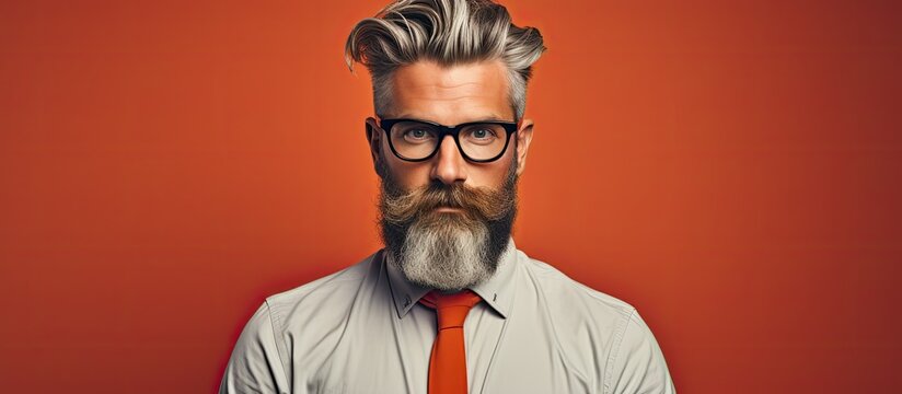 The hipster model with a funny retro inspired hairdo wearing a modern vintage fashion concept posed for a white portrait showcasing a mix of a classic and modern approach to fashion and groo