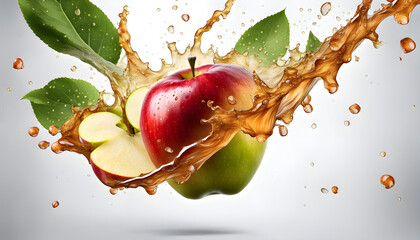 Creative cinema view of apple fruit and slice surrounded by a big swirl of apple butter and brandy splashing