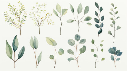 Watercolor minimalist leaves and flowers concept art - obrazy, fototapety, plakaty