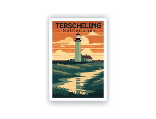 Terschelling, Netherlands. Vintage Travel Posters. Vector art. Famous Tourist Destinations Posters Art Prints Wall Art and Print Set Abstract Travel for Hikers Campers Living Room Decor