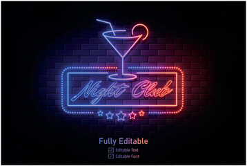 Vector neon effect light night party editable text effect and night club logo for neon text effect
