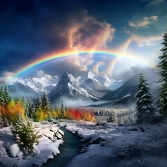 Captivating winter scene with a stunning rainbow arching over a serene snow-covered landscape and a tranquil lake. Nature's enchanting beauty in harmony.