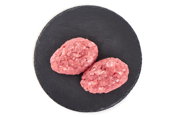 Minced meat patties, isolated on white background.