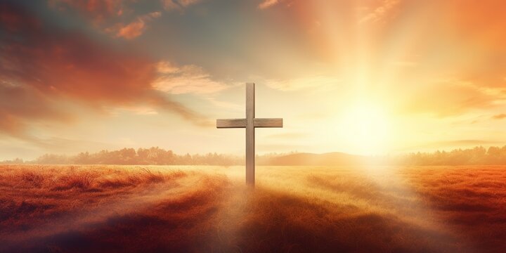 Ascension day concept. The cross on meadow autumn sunrise background. Generative AI