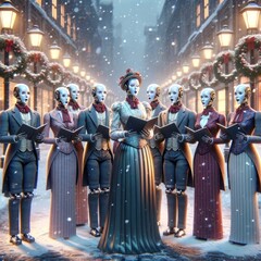 humanoid robots dressed in Victorian-era attire, singing Christmas carols on a snowy street.