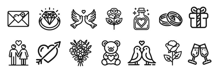 Fototapeta na wymiar set of black line icons representing love and romance, hearts, rings, doves and romantic symbols on a white background. Vector illustration