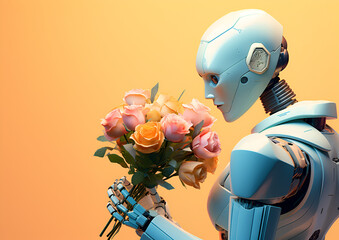 Retro vintage robot that has fresh flower on a pastel background. A futuristic way to show love. Generative AI