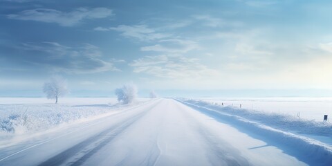 Empty Winter Road Covered in Snow. Generative AI