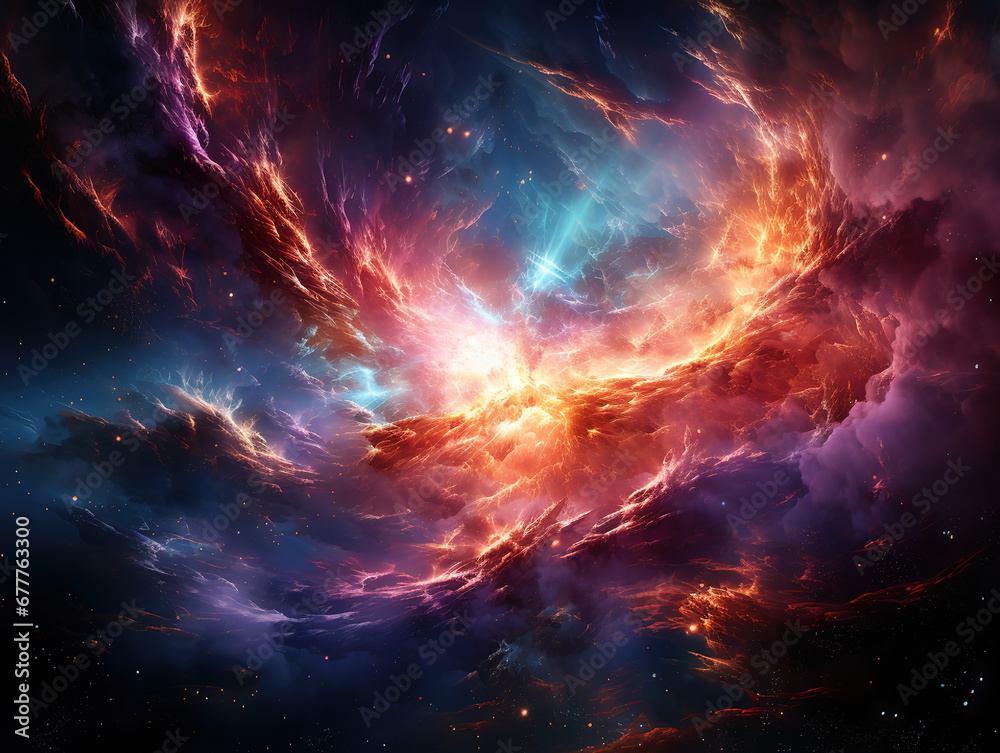 Poster abstract background resembling a cosmic explosion, with swirling dust clouds. generative ai